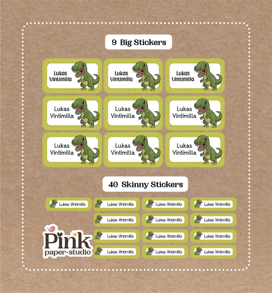 Dinosaurio • 9 pegatinas grandes para el nombre de la escuela • 40 pegatinas finas