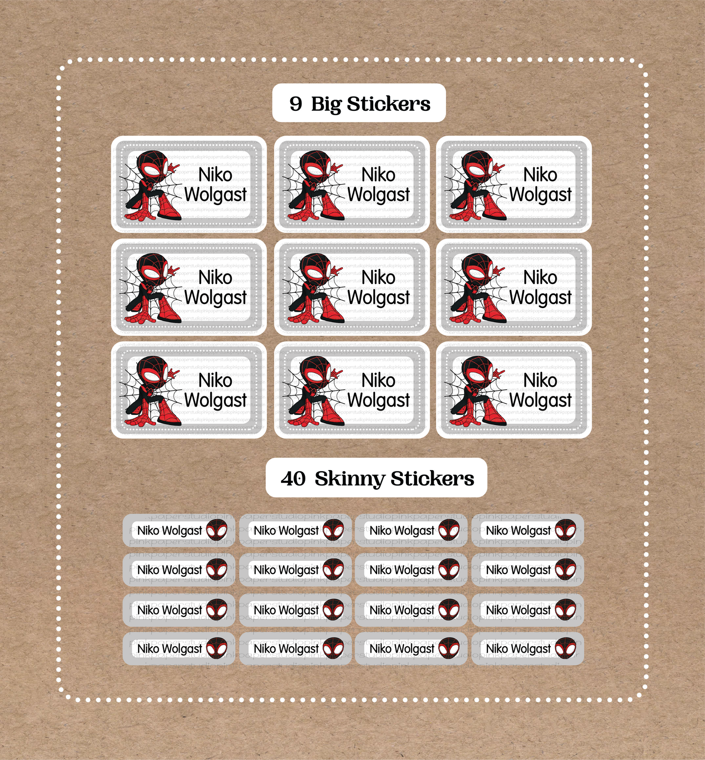Spidey-man • 9 pegatinas grandes con nombres de escuela • 40 pegatinas finas