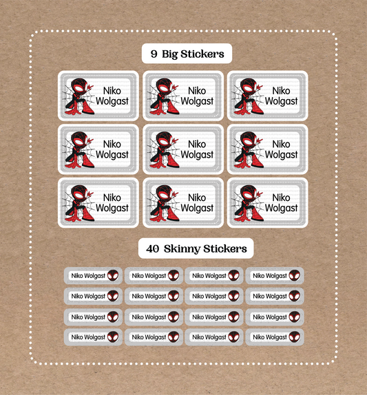 Spidey-man • 9 pegatinas grandes con nombres de escuela • 40 pegatinas finas