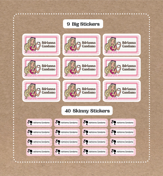 Barbie • 9 Big School Name Stickers • 40 Skinny Stickers
