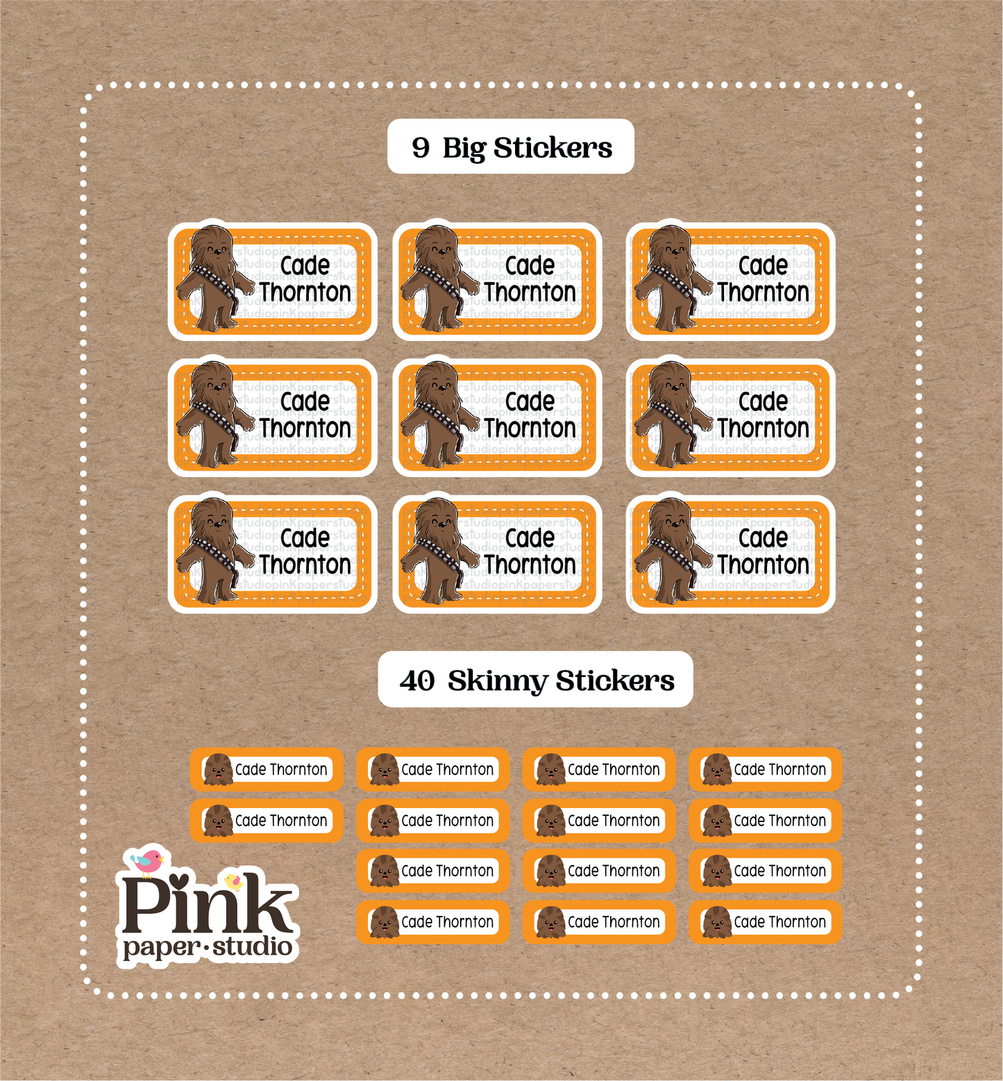 Chewbacca• 9 pegatinas grandes para el nombre de la escuela • 40 pegatinas finas