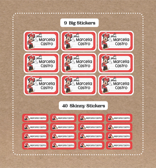 Set de Minnie Mouse • 9 Etiquetas Grandes con el Nombre para la Escuela • 40 Etiquetas Finas
