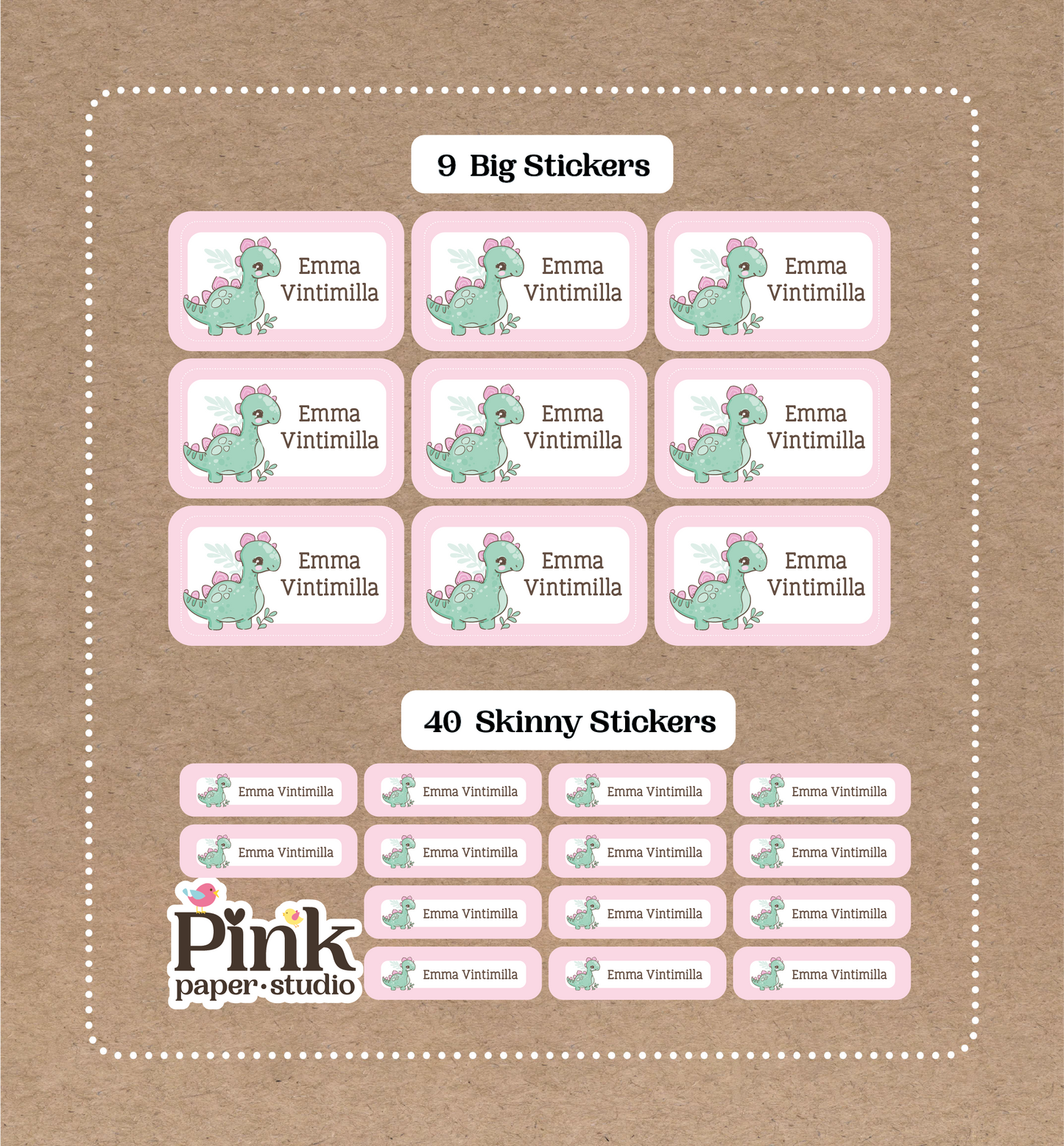 Dinosaurio Bonito • 9 Pegatinas Grandes para Nombres Escolares • 40 Pegatinas Finas
