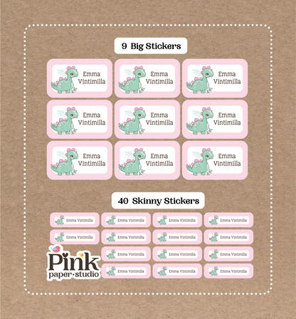 Dinosaurio Bonito • 9 Pegatinas Grandes para Nombres Escolares • 40 Pegatinas Finas
