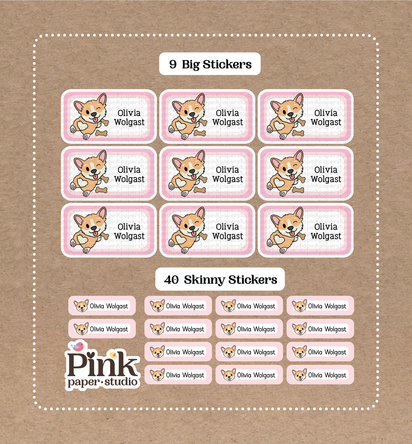 Set de Corgi • 9 pegatinas grandes con nombres escolares • 40 pegatinas delgadas