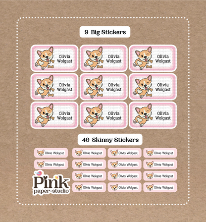 Set de Corgi • 9 pegatinas grandes con nombres escolares • 40 pegatinas delgadas