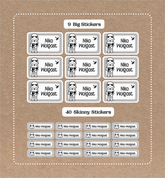 Soldados imperiales • Star Wars • 9 pegatinas grandes con nombre para la escuela • 40 pegatinas delgadas