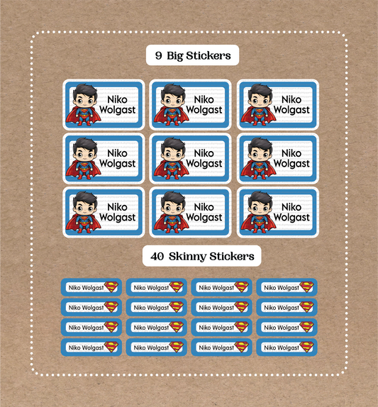 Super-Man • 9 pegatinas grandes para el nombre del colegio • 40 pegatinas finas