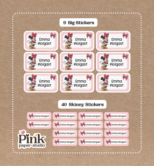 Set de Minnie Mouse • 9 Etiquetas Grandes con el Nombre para la Escuela • 40 Etiquetas Finas