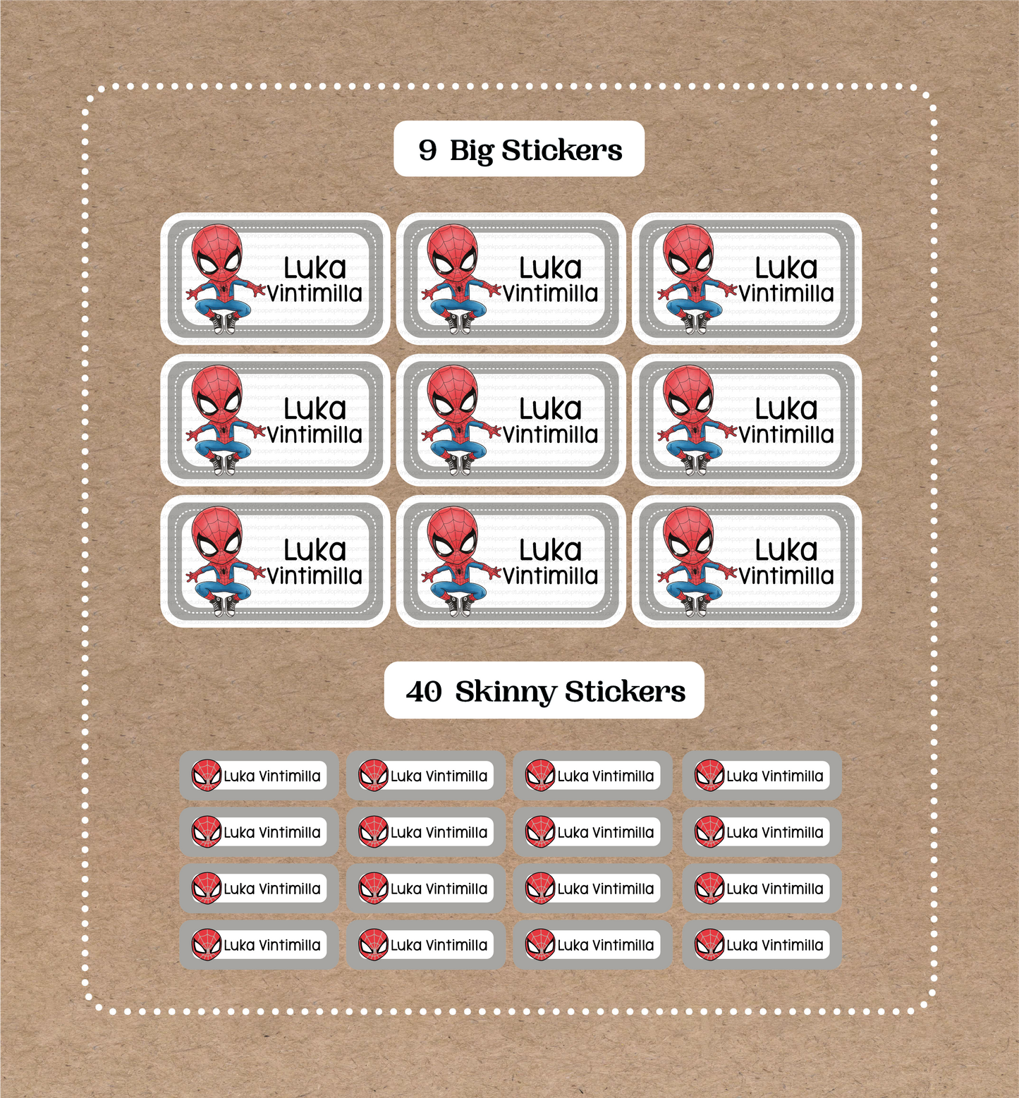 Spiderman • 9 pegatinas grandes para el nombre del colegio • 40 pegatinas finas