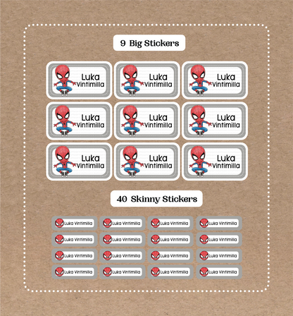 Spiderman • 9 pegatinas grandes para el nombre del colegio • 40 pegatinas finas