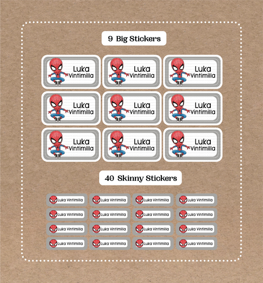 Spiderman • 9 pegatinas grandes para el nombre del colegio • 40 pegatinas finas
