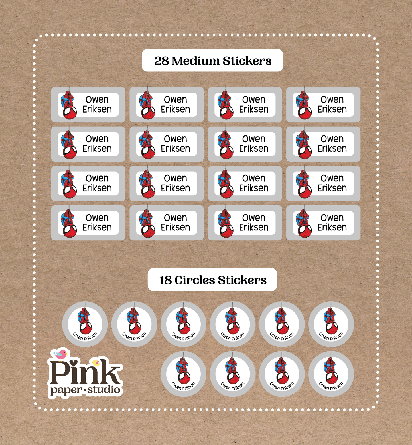 Spiderman • 28 etiquetas medianas con nombre para la escuela • 18 etiquetas circulares