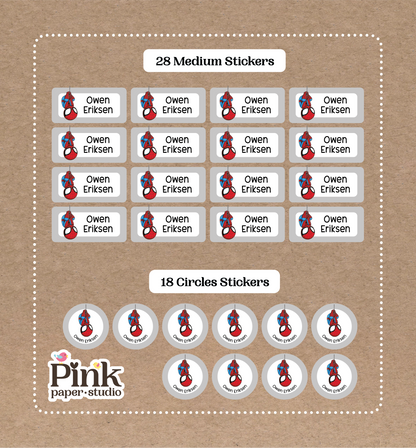 Spiderman • 28 etiquetas medianas con nombre para la escuela • 18 etiquetas circulares