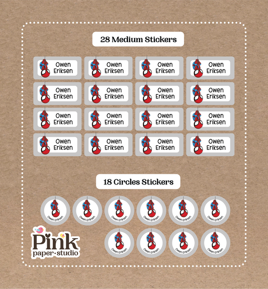 Spiderman • 28 etiquetas medianas con nombre para la escuela • 18 etiquetas circulares