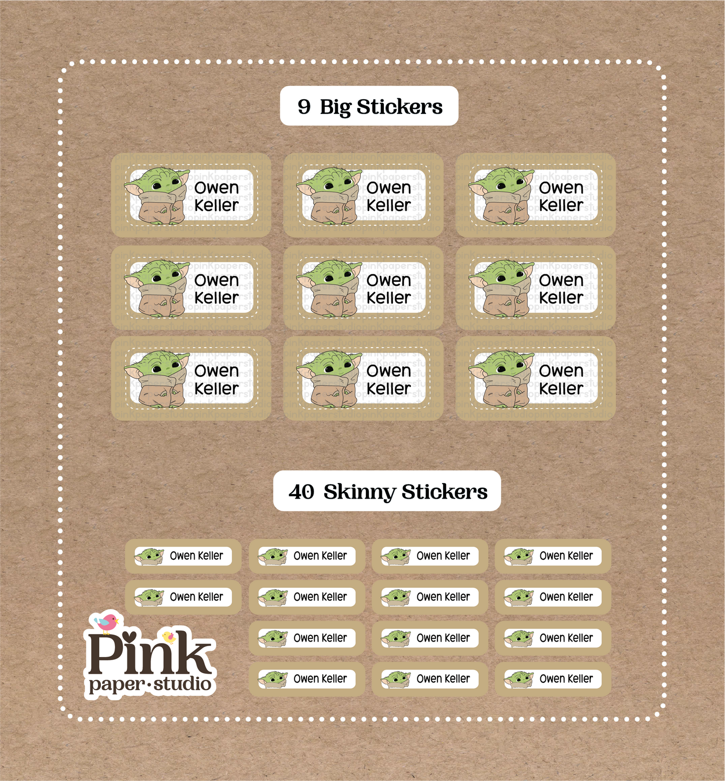 Baby Yoda • 9 pegatinas grandes para el nombre de la escuela • 40 pegatinas delgadas