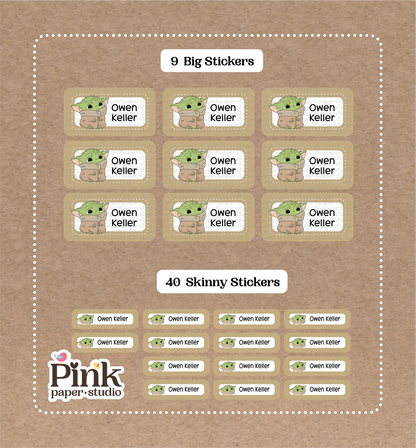 Baby Yoda • 9 pegatinas grandes para el nombre de la escuela • 40 pegatinas delgadas