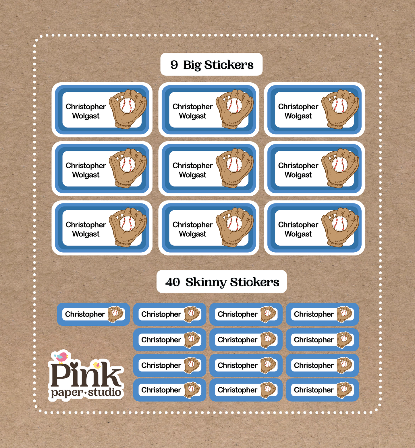 Set de béisbol • 9 pegatinas grandes con nombres de colegios • 40 pegatinas delgadas