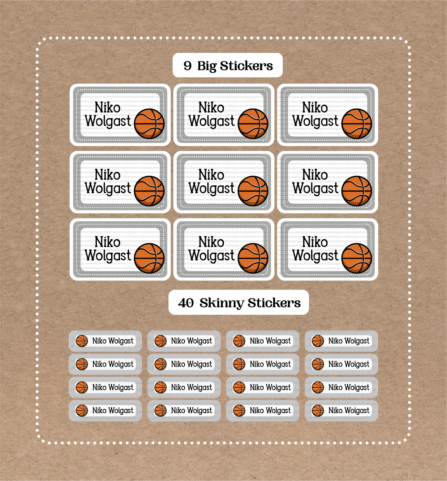 Juego de baloncesto • 9 pegatinas grandes con nombres de colegios • 40 pegatinas finas