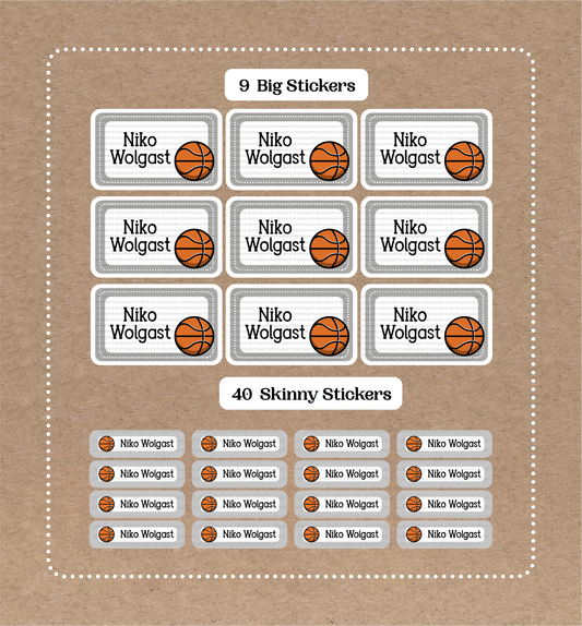 Juego de baloncesto • 9 pegatinas grandes con nombres de colegios • 40 pegatinas finas