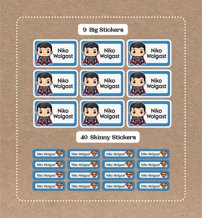 Super-Man • 9 pegatinas grandes para el nombre del colegio • 40 pegatinas finas