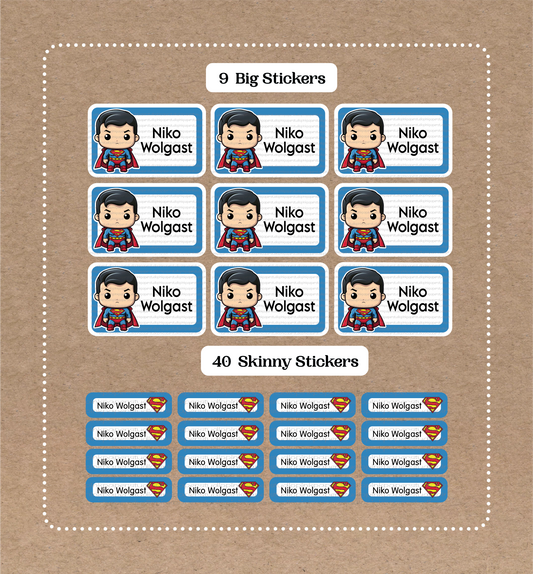 Super-Man • 9 pegatinas grandes para el nombre del colegio • 40 pegatinas finas