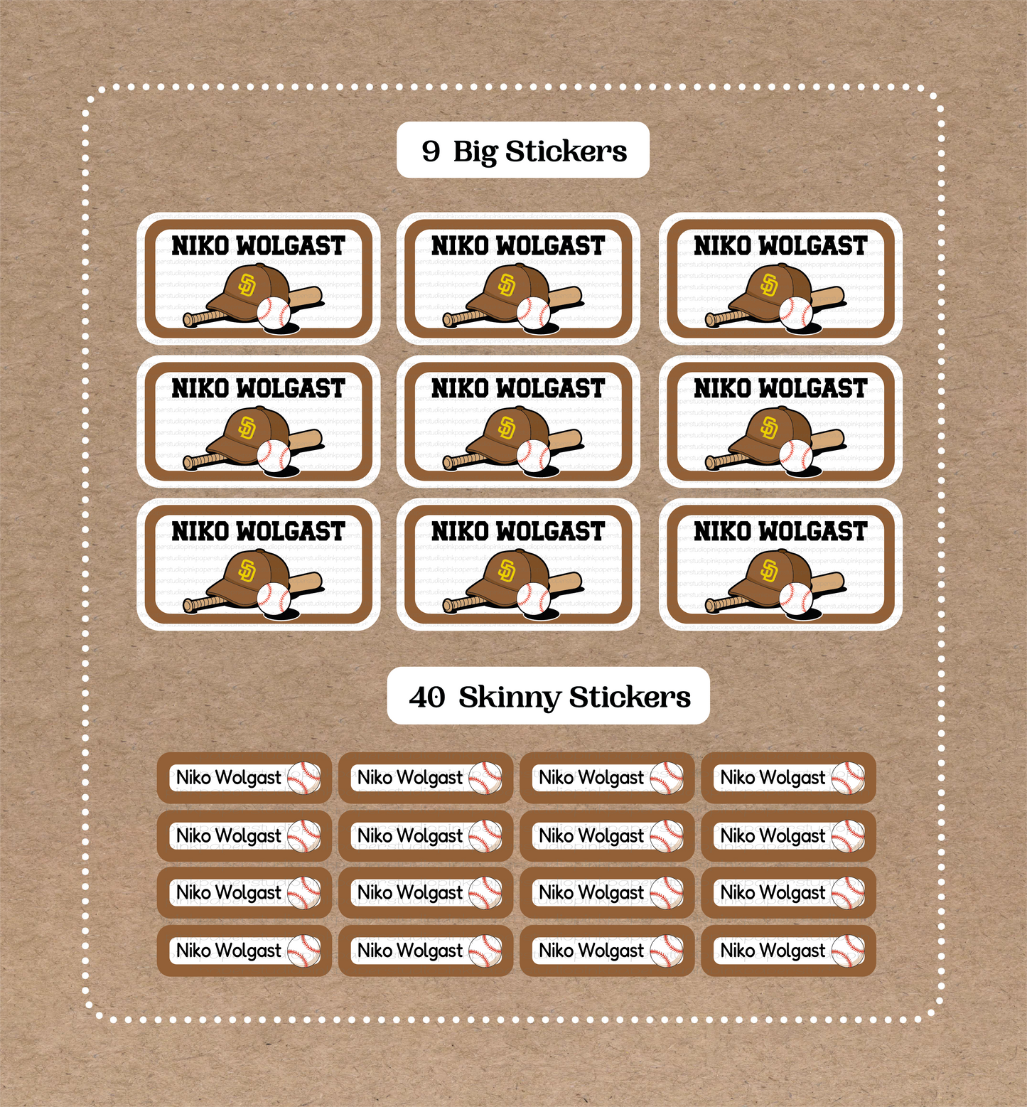 The San Diego Padres • 9 Big School Name Stickers • 40 Skinny Stickers