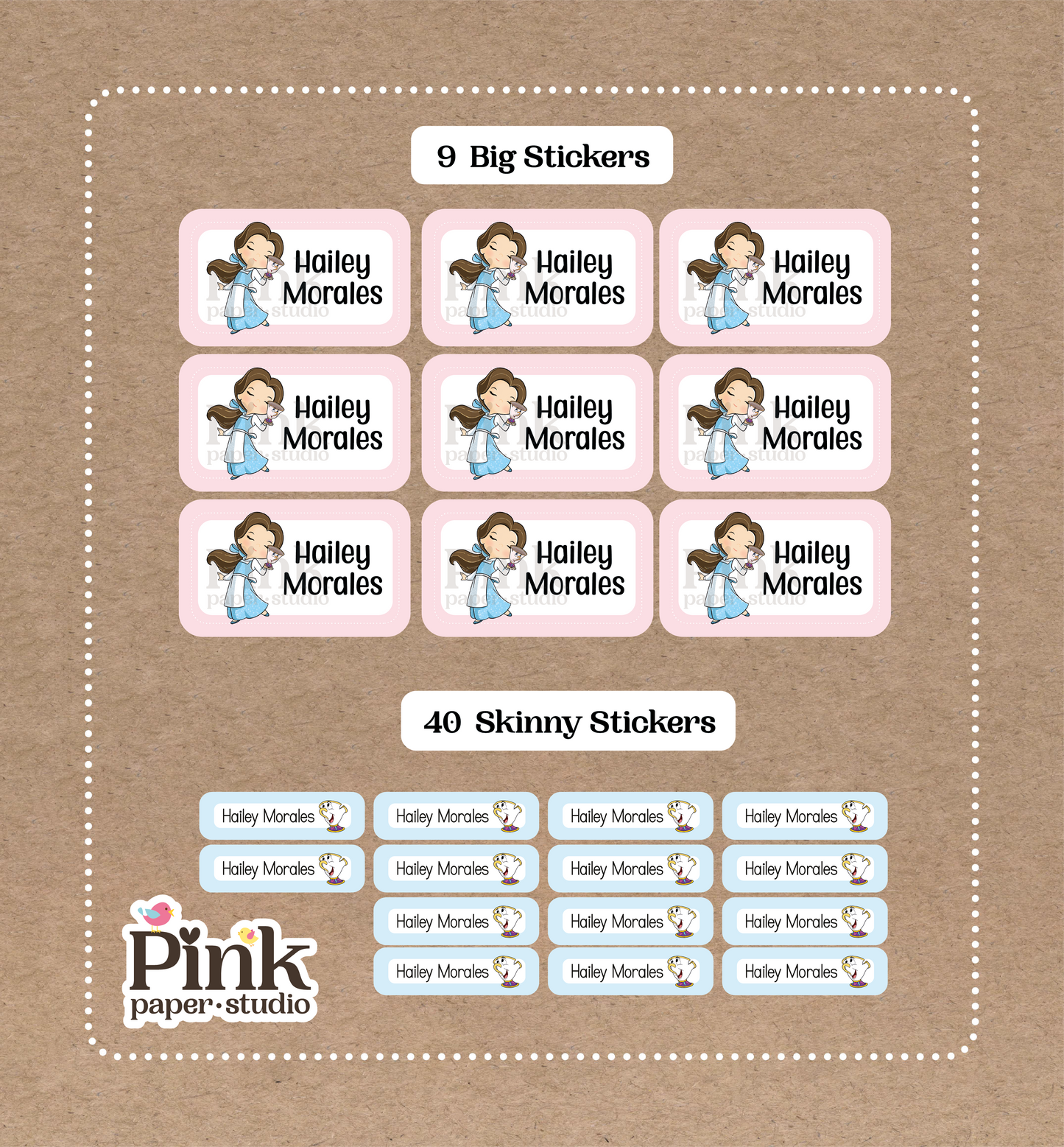 Belle • 9 pegatinas grandes con nombre de colegio • 40 pegatinas finas