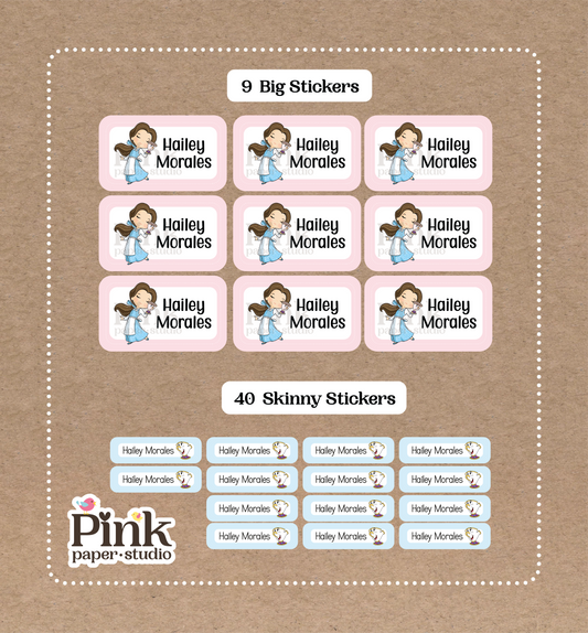 Belle • 9 pegatinas grandes con nombre de colegio • 40 pegatinas finas