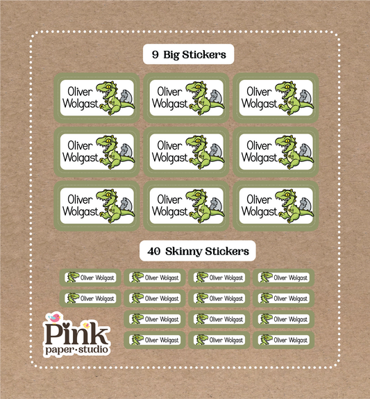 Dinosaurio • 9 pegatinas grandes para el nombre de la escuela • 40 pegatinas finas