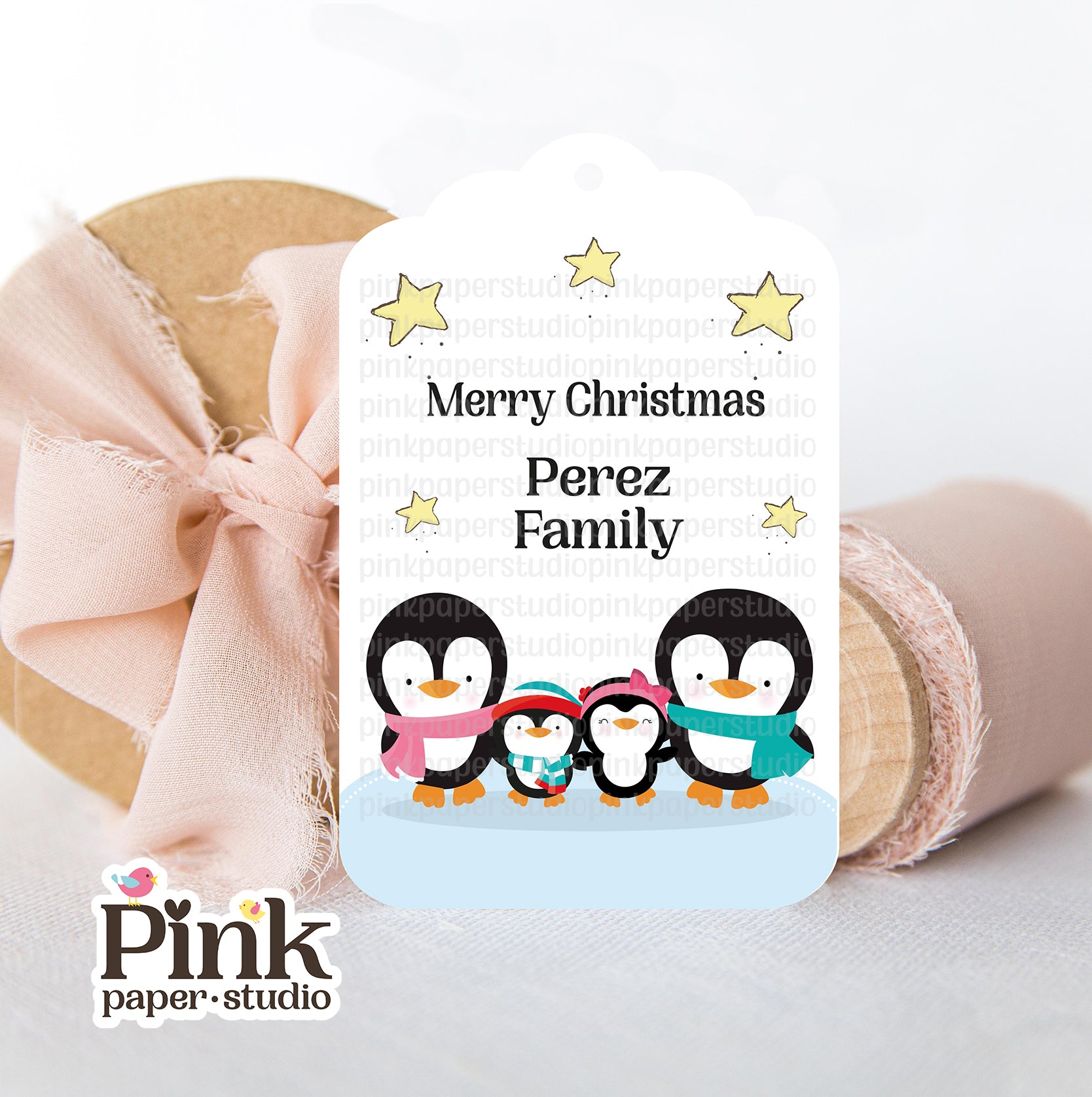 Etiquetas navideñas Familia pingüinos